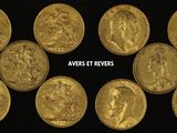 six different types of gold coins are shown on a black background