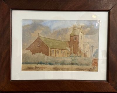 tableau représentant une église avec un clocher au milieu d'un champ