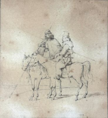 drawing of two men riding on horses in a field
