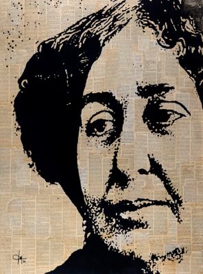 a black and white drawing of a woman on a piece of newspaper