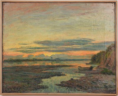 une peinture à l'huile représentant un coucher de soleil sur une étendue d'eau