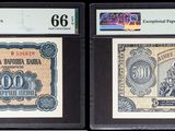 Trois types différents de billets de banque sont exposés dans une vitrine.