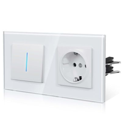a close up of a white electrical outlet with a blue light