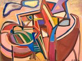 painting of a painting of a table with a bowl of fruit and a plate of food