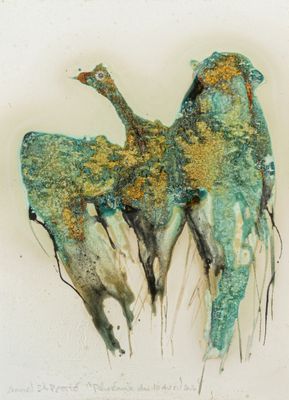 un tableau représentant deux oiseaux perchés l'un sur l'autre