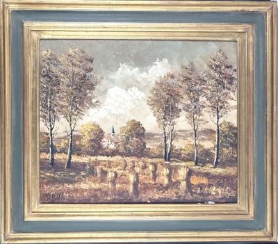 a painting of a landscape with trees and sheep in the foreground