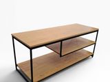 a close up of a wooden table with two shelves on it