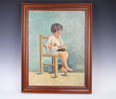 peinture d'une femme assise sur une chaise et lisant un livre