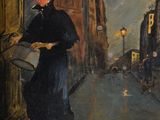 painting of a woman walking down a street with a book in her hand