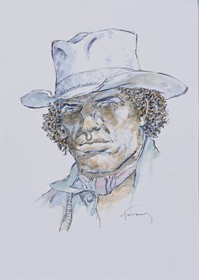 drawing of a man with a hat and a tie wearing a hat