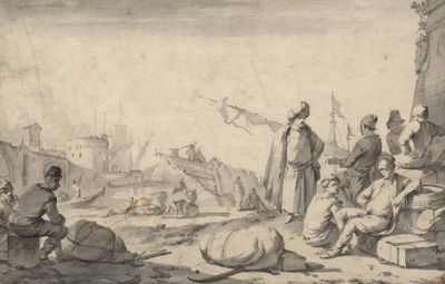 a drawing of a group of people sitting on the ground
