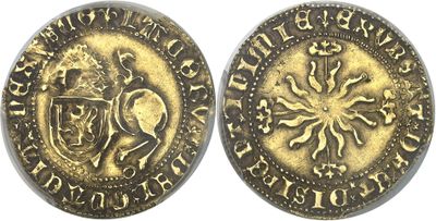 a gold coin with an image of a horse and shield on it