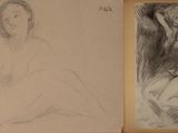 two drawings of a woman sitting in a chair next to a drawing of a naked woman