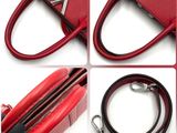 several pictures of a red purse with a black strap and a red purse with a black strap