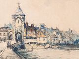 dessin représentant une vue d'une ville avec une tour horloge en arrière-plan