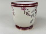 a close up of a white bowl with a red rim