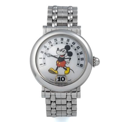 a close up of a mickey mouse watch on a white background