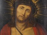 an old painting of jesus holding a cross in his right hand