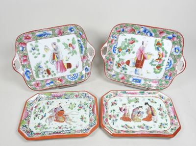 trois plats et plateaux en porcelaine chinoise ornés de personnages