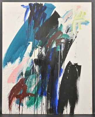 an abstract painting with blue, red, and black paint on a white background