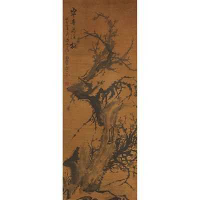 a painting of a tree and a river in a mountainous area