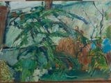 une peinture à l'huile représentant une plante verte sur un rebord de fenêtre