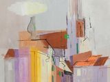 l'image d'une peinture représentant une ville avec une tour d'horloge en arrière-plan