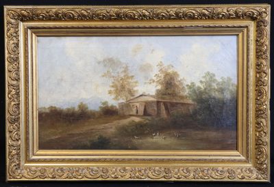 un tableau représentant une maison dans un champ, avec des arbres en arrière-plan