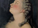 painting of a woman with long hair looking up at the sky