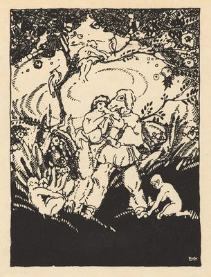 a black and white drawing of a man and a woman in the woods