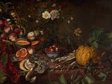 painting of a still life of fruit and vegetables on a table