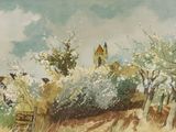 a painting of a church in the distance with trees in the foreground