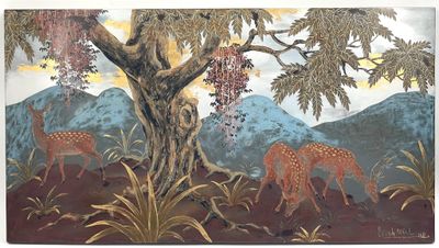 a picture of a painting of a deer and a tree