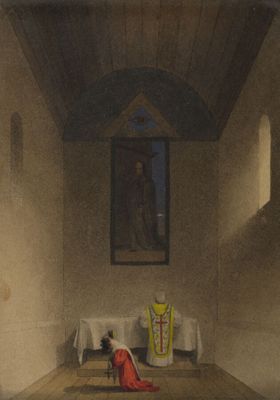 une image représentant un tableau où l'on voit une femme en robe rouge assise par terre