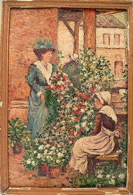 Marchande de fleurs Huile sur carton non-signée