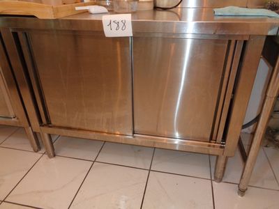 un plan de travail en acier inoxydable dans la cuisine, sur lequel est posée une étiquette de prix