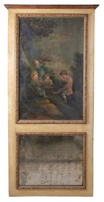 Miroir trumeau en bois laqué et scène peinte à l'huile en pa…