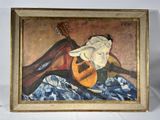 an oil painting of a woman playing a guitar on a bed