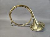 a brass trumpet with a long horn on a white background