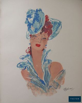 painting of a woman wearing a blue hat with a flower on it