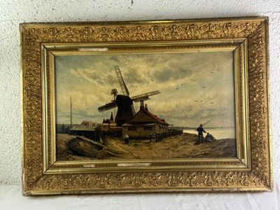 une peinture à l'huile représentant un moulin à vent sur une plage, au bord d'un plan d'eau