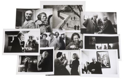 several black and white photographs of men and women in a room