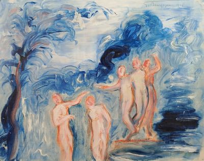 an image of a painting of three nudes on a beach