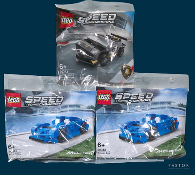 three lego speed cars in a bag on a blue background