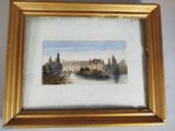 une vieille photo représentant un tableau d'un château, dans un cadre doré