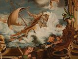an image of a painting of a boat in the middle of the ocean