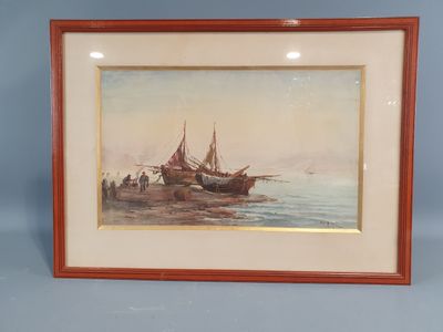 a painting of a boat in the water with people on it