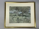 painting of a tree in a field of grass with a blue sky in the background