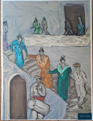 a drawing of a group of people in a room