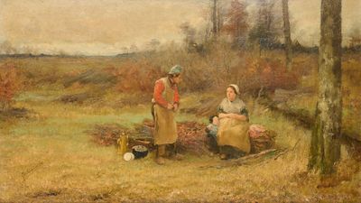 tableau représentant un couple assis dans un champ près d'un arbre